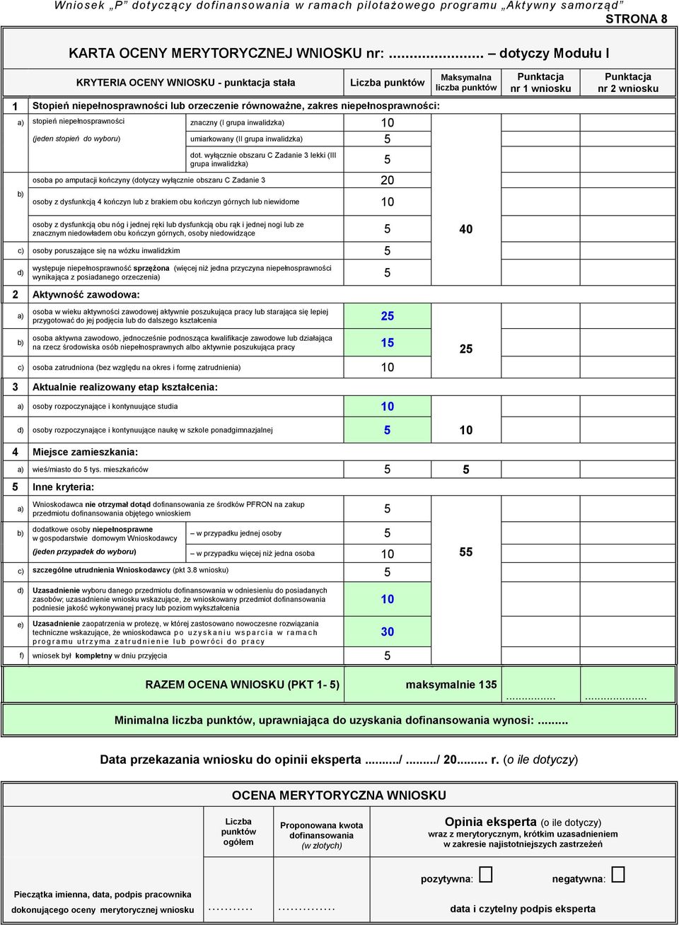 grupa inwalidzka) 10 (jeden stopień do wyboru) umiarkowany (II grupa inwalidzka) 5 Maksymalna liczba punktów Punktacja nr 1 wniosku Punktacja nr 2 wniosku b) dot.