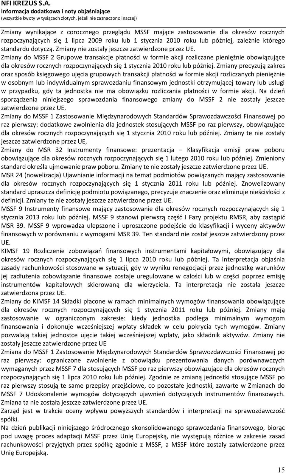 Zmiany do MSSF 2 Grupowe transakcje płatności w formie akcji rozliczane pieniężnie obowiązujące dla okresów rocznych rozpoczynających się 1 stycznia 2010 roku lub później.