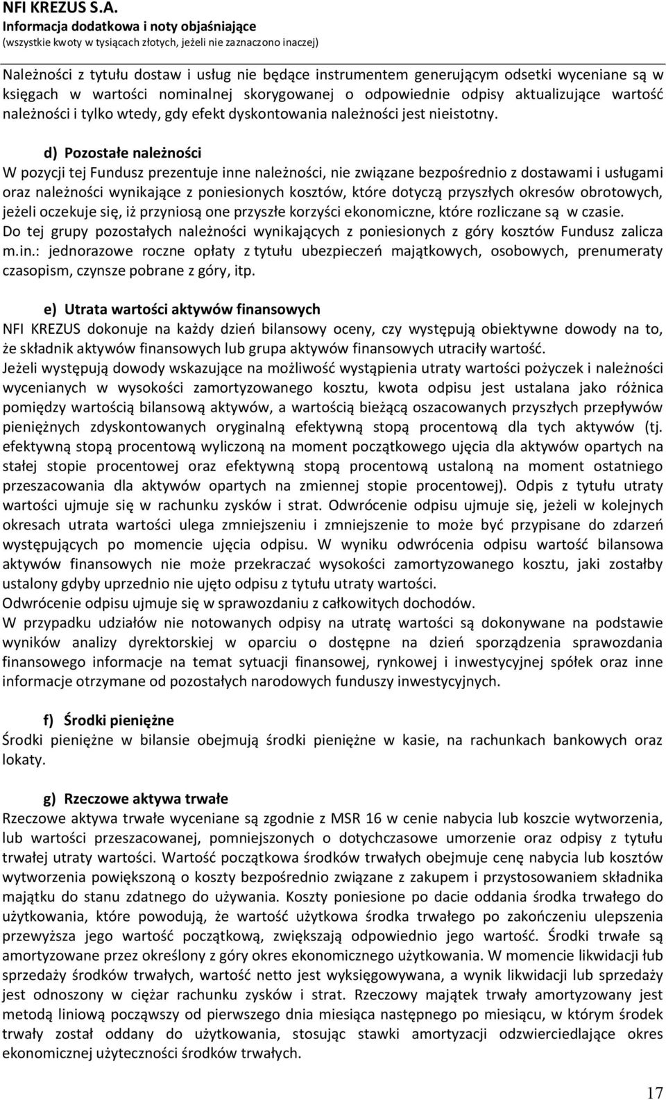 d) Pozostałe należności W pozycji tej Fundusz prezentuje inne należności, nie związane bezpośrednio z dostawami i usługami oraz należności wynikające z poniesionych kosztów, które dotyczą przyszłych