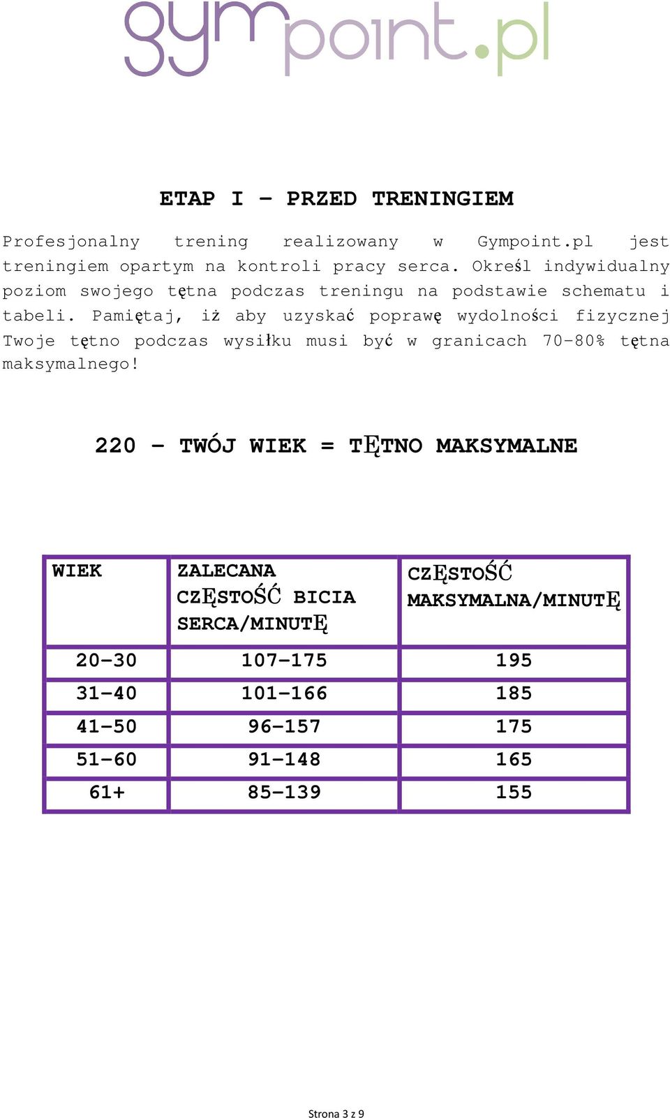 Pamiętaj, iŝ aby uzyskać poprawę wydolności fizycznej Twoje tętno podczas wysiłku musi być w granicach 70-80% tętna maksymalnego!