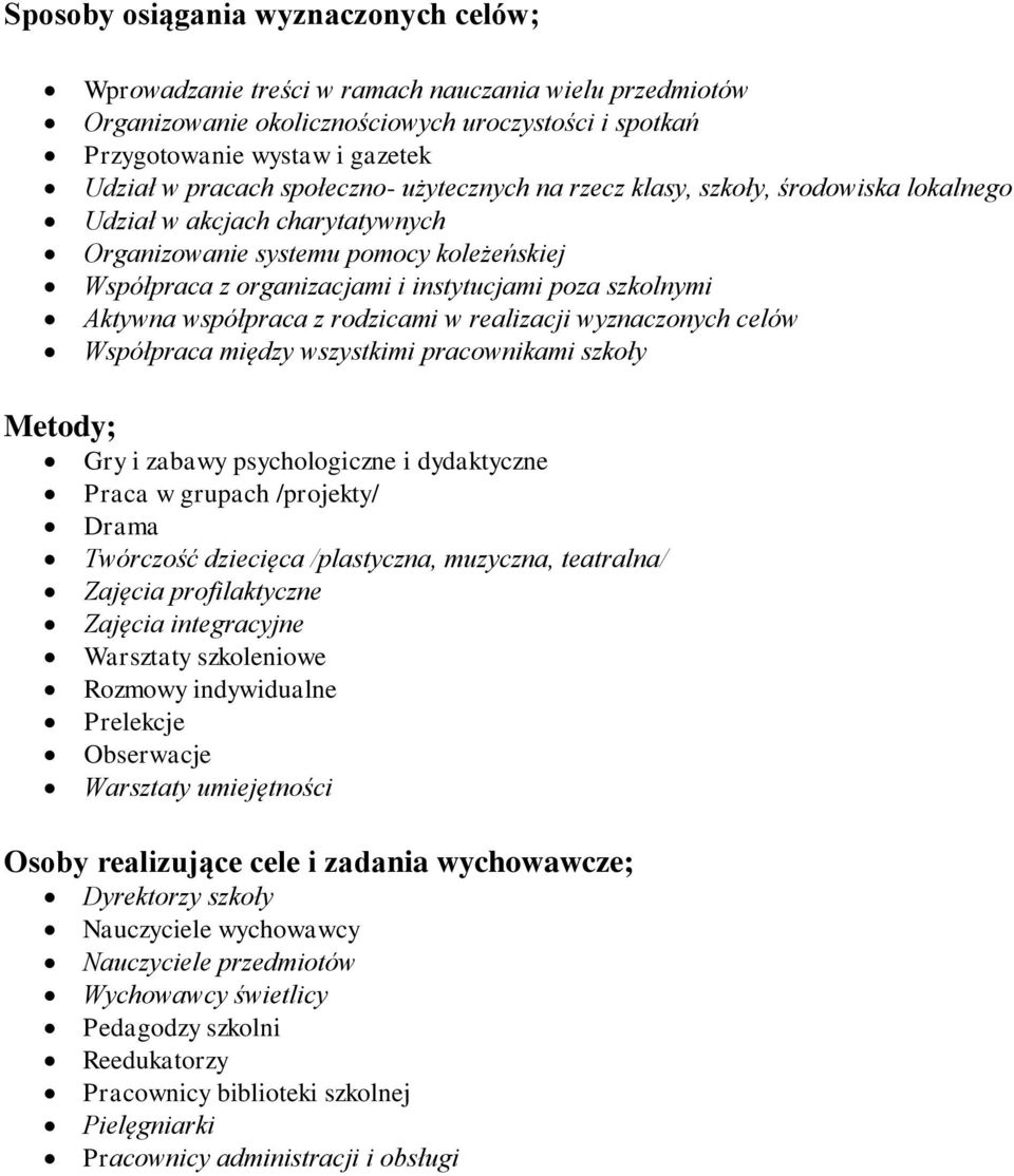 Aktywna współpraca z rodzicami w realizacji wyznaczonych celów Współpraca między wszystkimi pracownikami szkoły Metody; Gry i zabawy psychologiczne i dydaktyczne Praca w grupach /projekty/ Drama