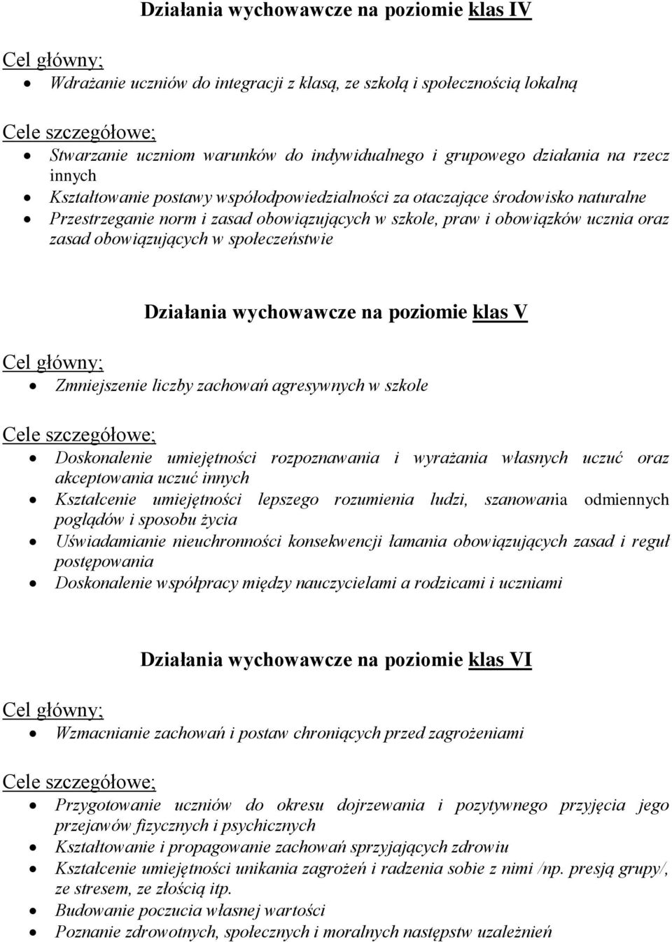 zasad obowiązujących w społeczeństwie Działania wychowawcze na poziomie klas V Cel główny; Zmniejszenie liczby zachowań agresywnych w szkole Cele szczegółowe; Doskonalenie umiejętności rozpoznawania