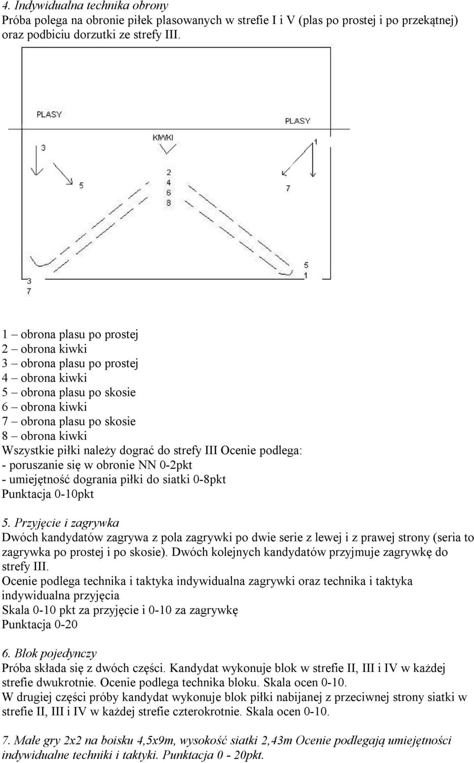 strefy III Ocenie podlega: - poruszanie się w obronie NN 0-2pkt - umiejętność dogrania piłki do siatki 0-8pkt Punktacja 0-10pkt 5.