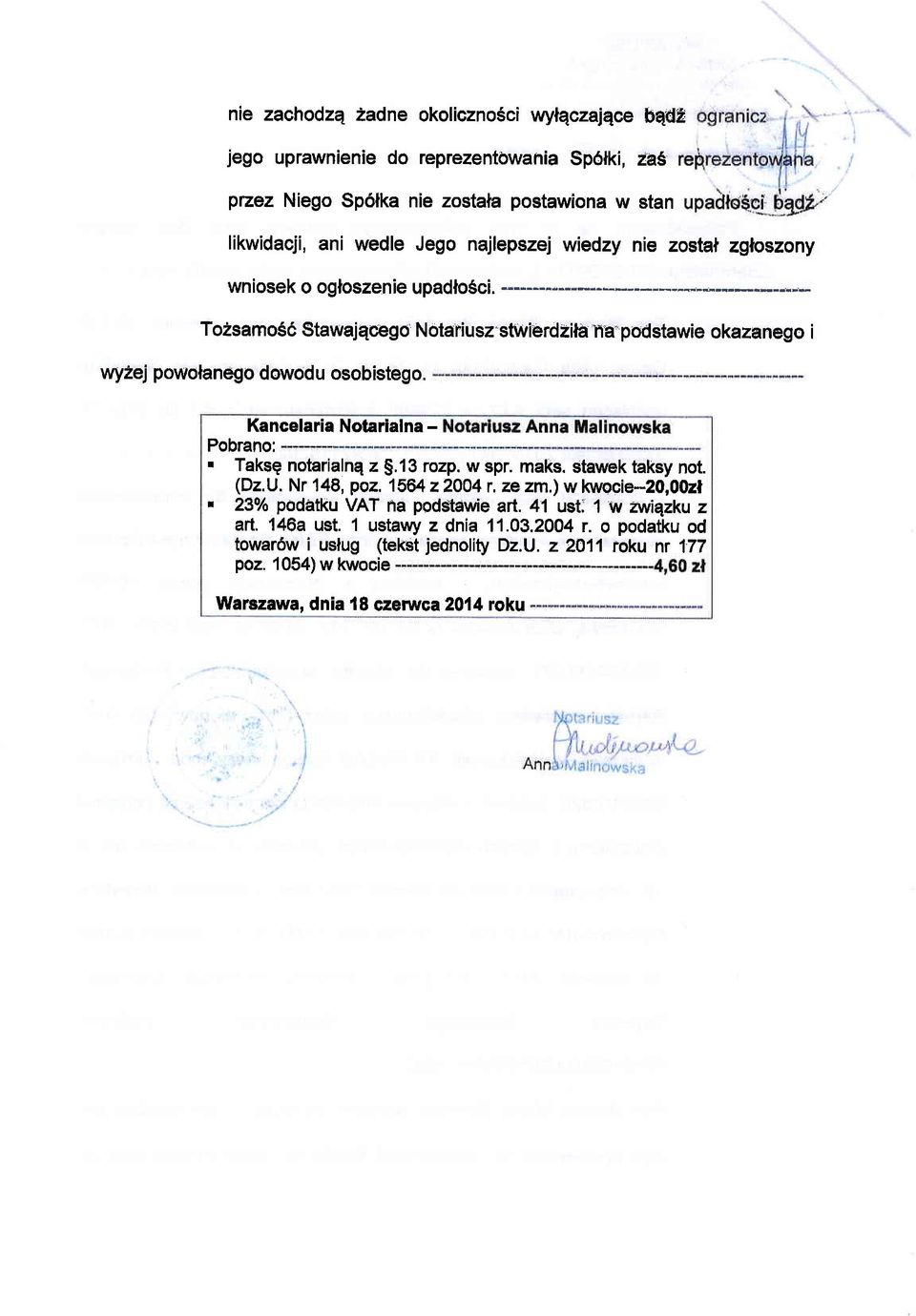 ' powolanego dswod u osobistego Kancelaria Notarialna - Pobrano:. Takse notarialnq z 9.13 rozp. w spr. maks. stawek taksy not. (Dz,U. Nr 148, poz. 1564 z20o4r,zezm.) wkwocie-20,0021.