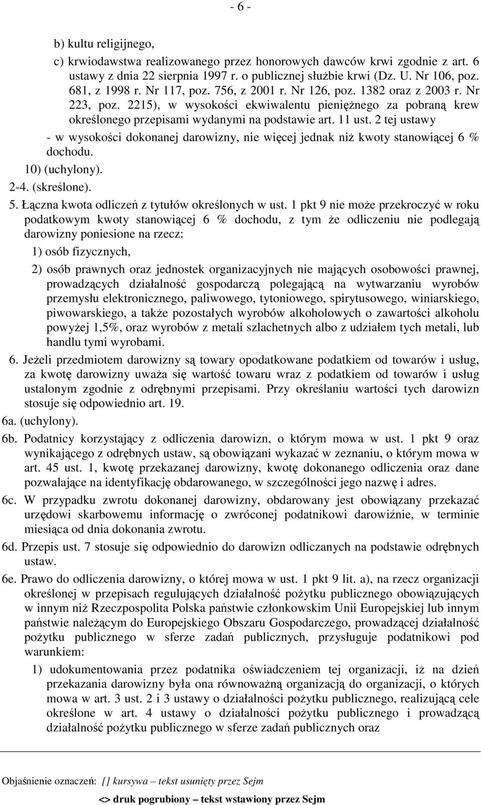 2 tej ustawy - w wysokości dokonanej darowizny, nie więcej jednak niż kwoty stanowiącej 6 % dochodu. 10) (uchylony). 2-4. (skreślone). 5. Łączna kwota odliczeń z tytułów określonych w ust.