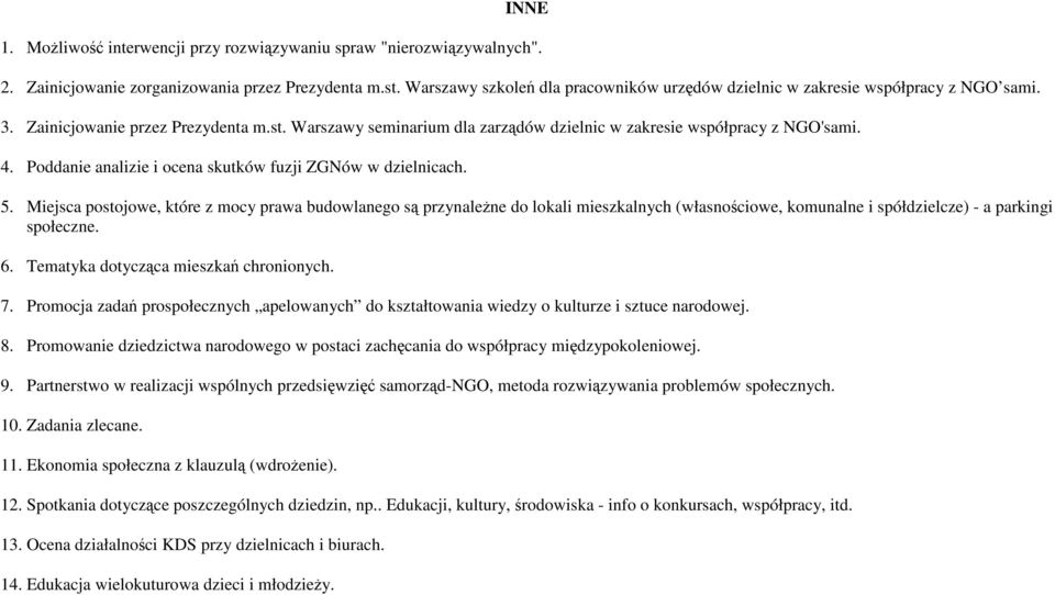 4. Poddanie analizie i ocena skutków fuzji ZGNów w dzielnicach. 5.