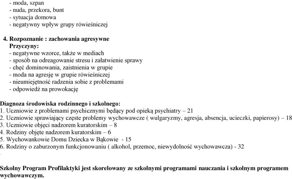 grupie rówieśniczej - nieumiejętność radzenia sobie z problemami - odpowiedź na prowokację Diagnoza środowiska rodzinnego i szkolnego: 1.