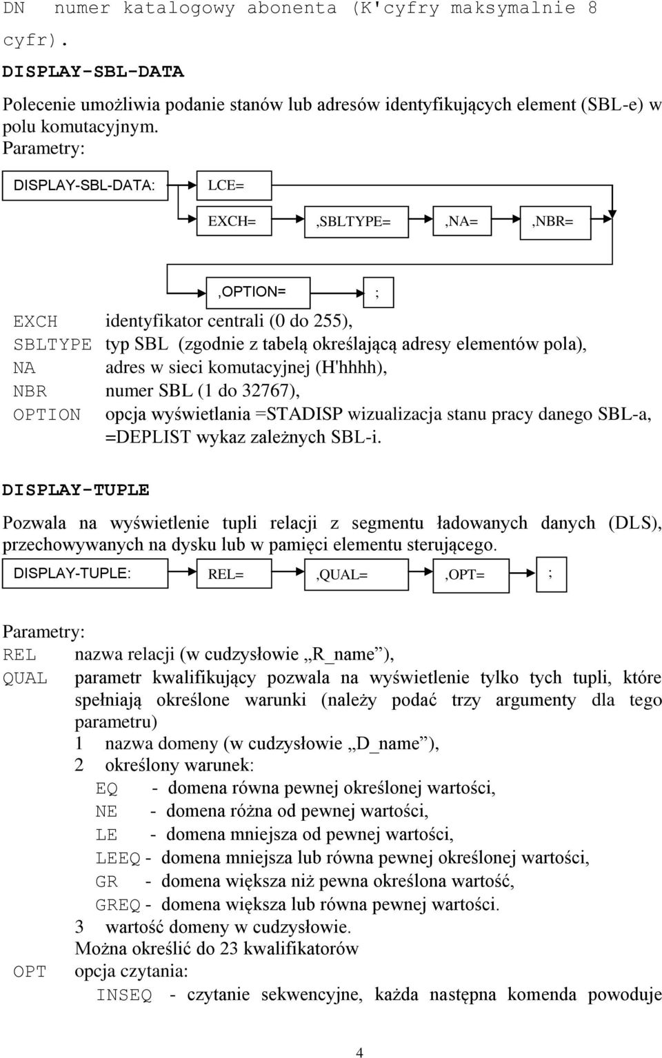 NBR numer SBL (1 do 32767), OPTION opcja wyświetlania =STADISP wizualizacja stanu pracy danego SBL-a, =DEPLIST wykaz zależnych SBL-i.