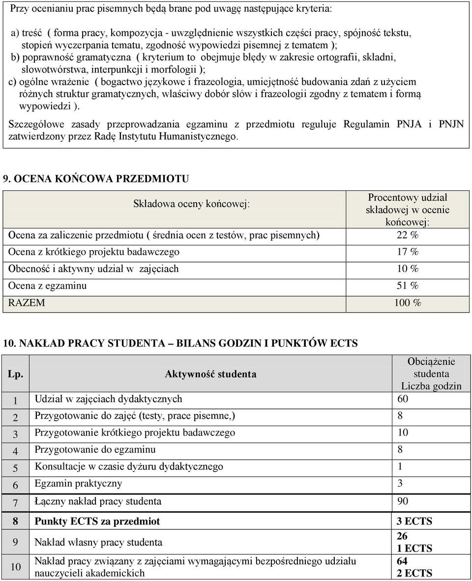 bogactwo językowe i frazeologia, umiejętność budowania zdań z użyciem różnych struktur gramatycznych, właściwy dobór słów i frazeologii zgodny z tematem i formą wypowiedzi ).