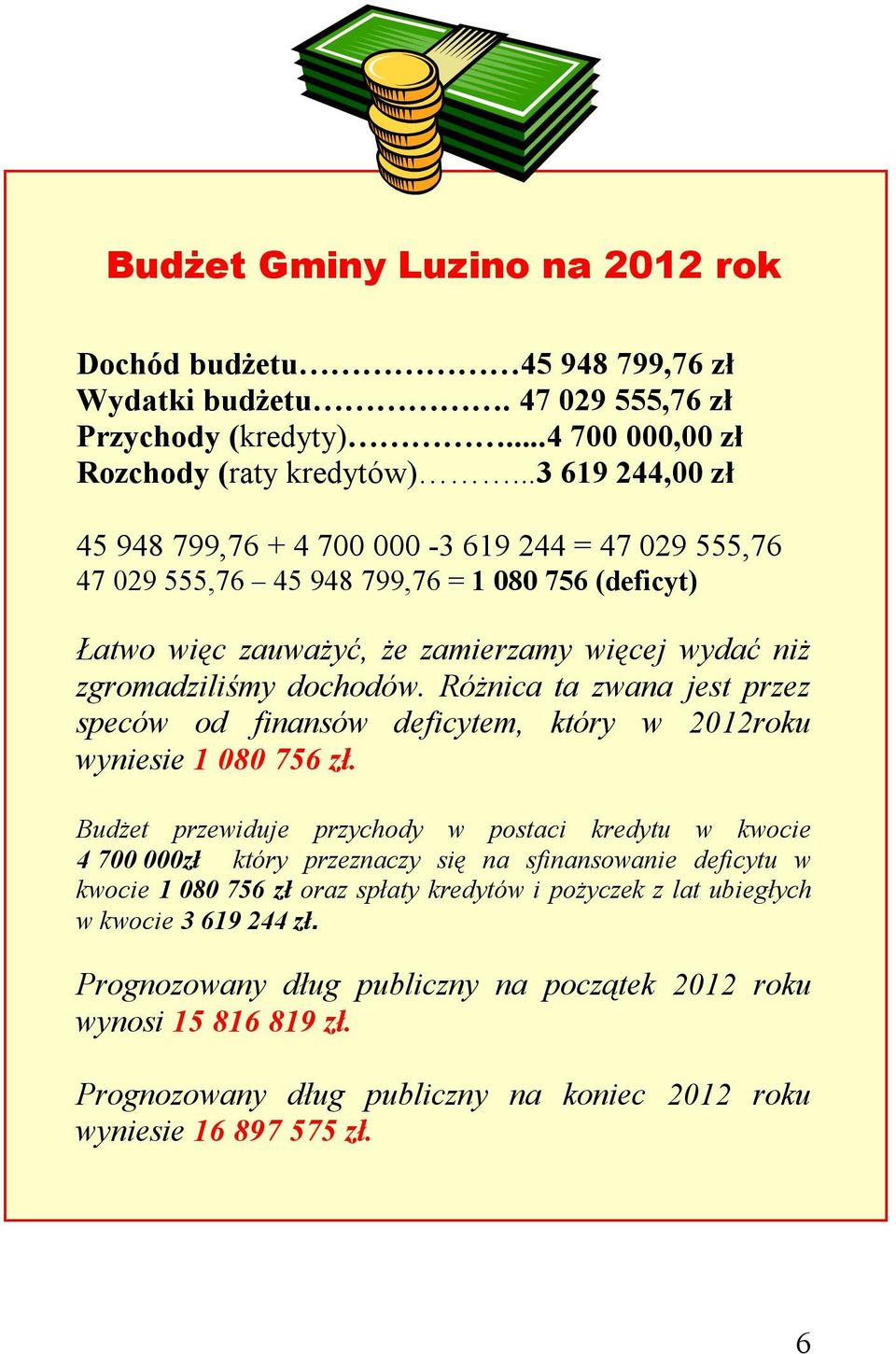 Różnica ta zwana jest przez speców od finansów deficytem, który w 2012roku wyniesie 1 080 756 zł.
