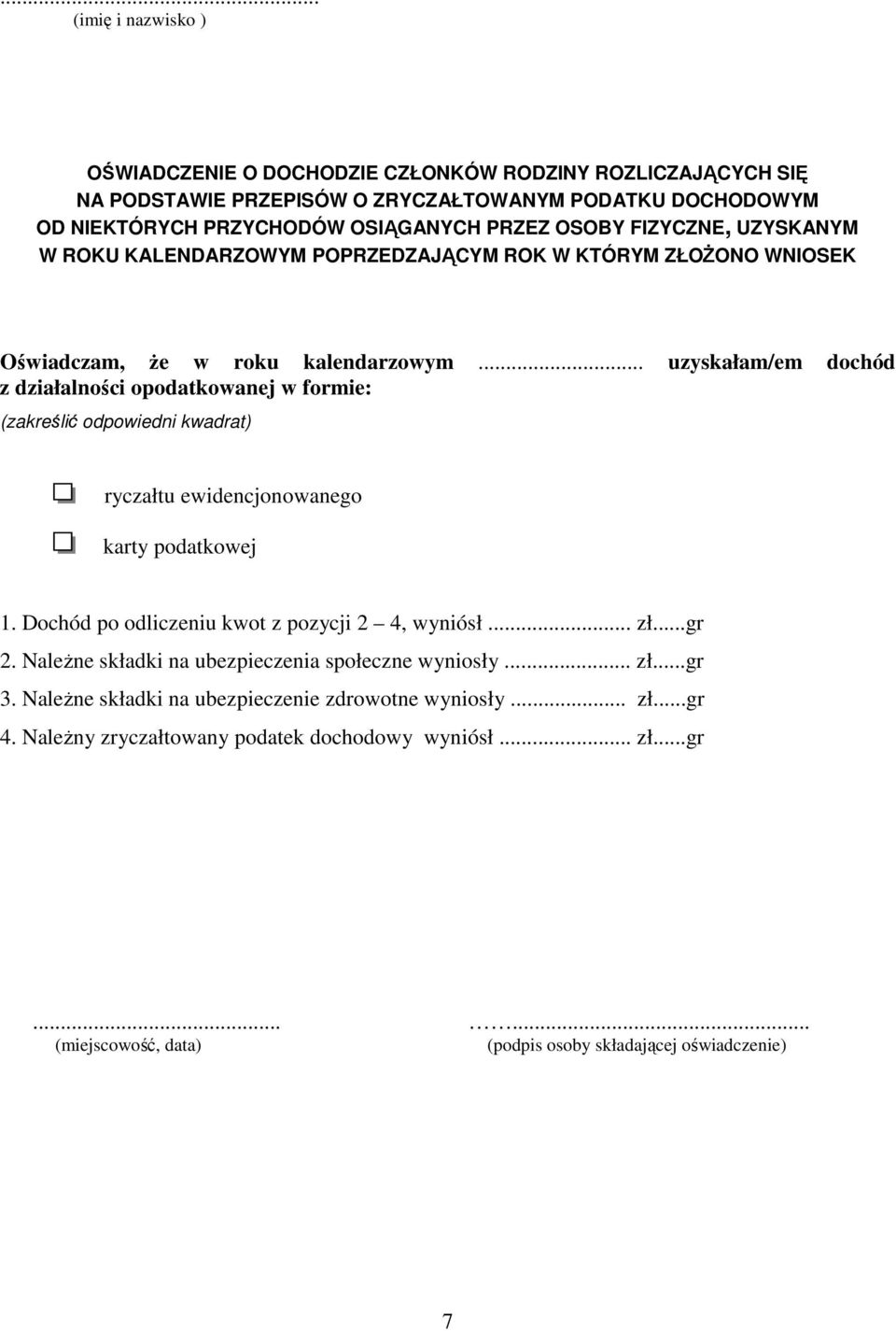 .. uzyskałam/em dochód z działalności opodatkowanej w formie: (zakreślić odpowiedni kwadrat) ryczałtu ewidencjonowanego karty podatkowej 1. Dochód po odliczeniu kwot z pozycji 2 4, wyniósł... zł.