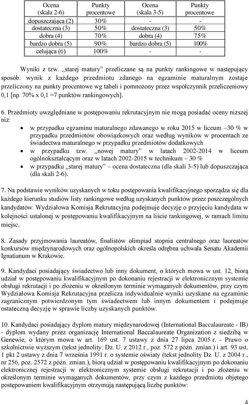 starej matury przeliczane są na punkty rankingowe w następujący sposób: wynik z każdego przedmiotu zdanego na egzaminie maturalnym zostaje przeliczony na punkty procentowe wg tabeli i pomnożony przez