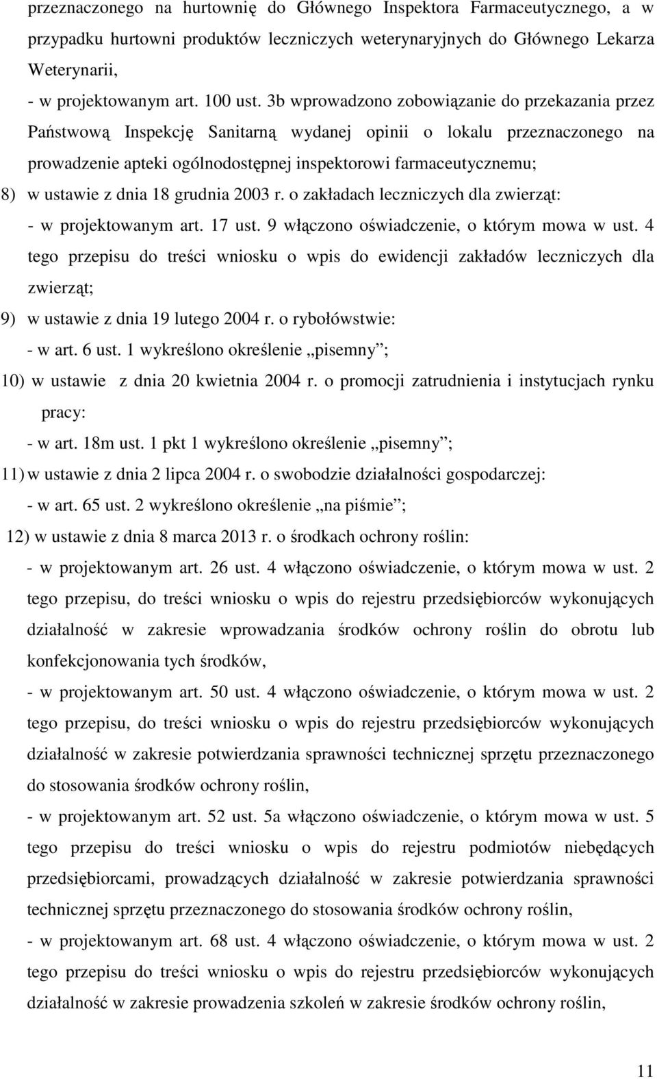 z dnia 18 grudnia 2003 r. o zakładach leczniczych dla zwierząt: - w projektowanym art. 17 ust. 9 włączono oświadczenie, o którym mowa w ust.