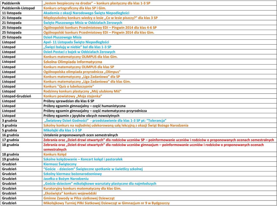 dla klas 3 SP 21 listopada Święto Pluszowego Misia w Oddziałach Zerowych 25 listopada Ogólnopolski konkurs Przedmiotowy EDI Pingwin 2014 dla klas 4-6 SP 25 listopada Ogólnopolski konkurs Przedmiotowy