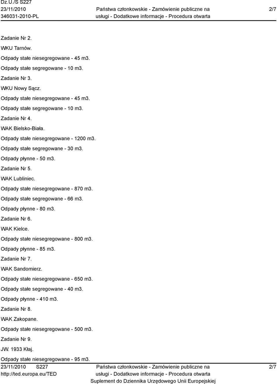 WAK Kielce. Odpady stałe niesegregowane - 800 m3. Odpady płynne - 85 m3. Zadanie Nr 7. WAK Sandomierz.