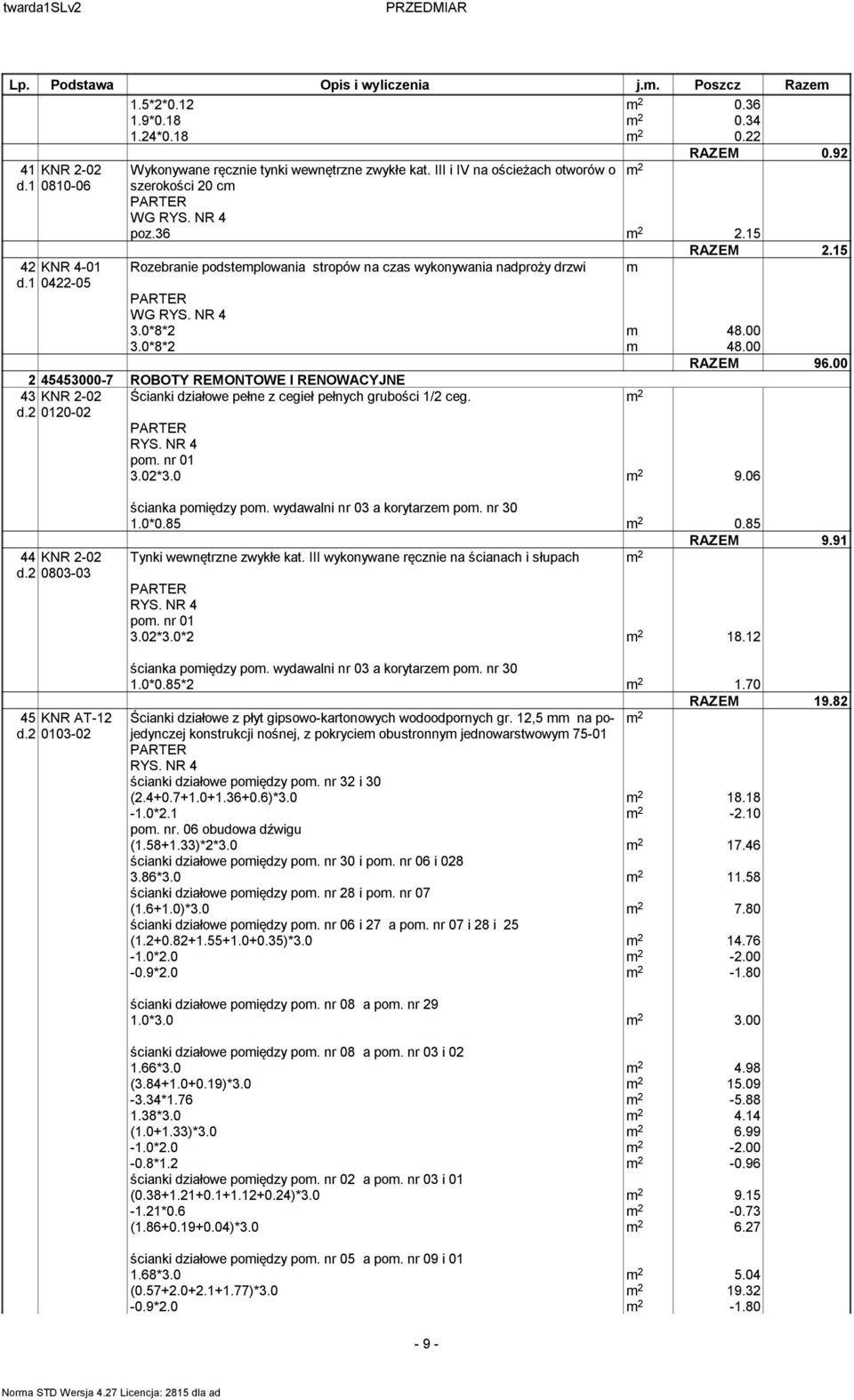 00 2 45453000-7 ROBOTY REMONTOWE I RENOWACYJNE KNR 2-02 Ścianki działowe pełne z cegieł pełnych grubości 1/2 ceg. 0120-02 pom. nr 01 3.02*3.0 9.06 44 KNR 2-02 d.2 0803-03 45 KNR AT-12 d.