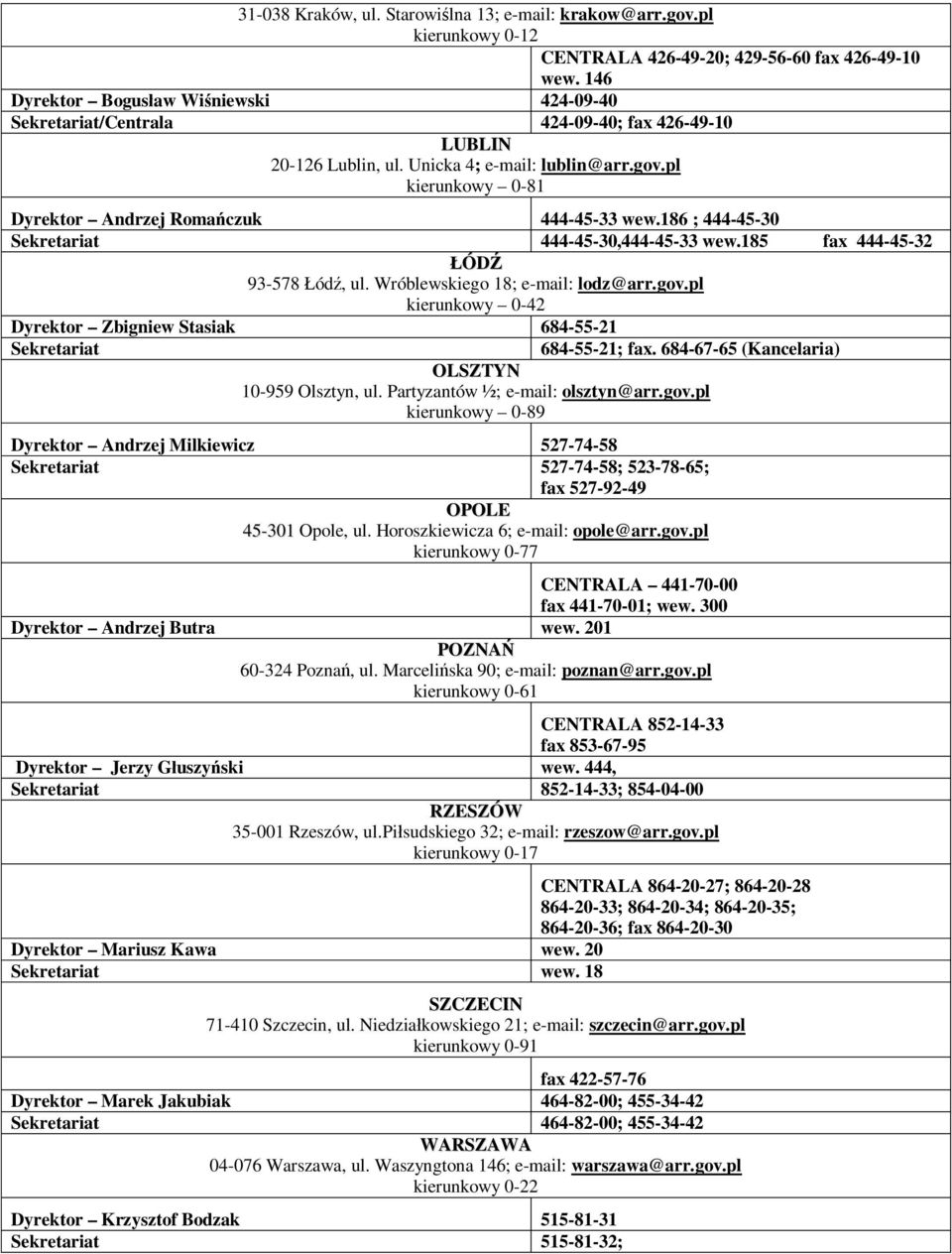 pl kierunkowy 0-81 Dyrektor Andrzej Romańczuk 444-45-33 wew.186 ; 444-45-30 Sekretariat 444-45-30,444-45-33 wew.185 fax 444-45-32 ŁÓDŹ 93-578 Łódź, ul. Wróblewskiego 18; e-mail: lodz@arr.gov.