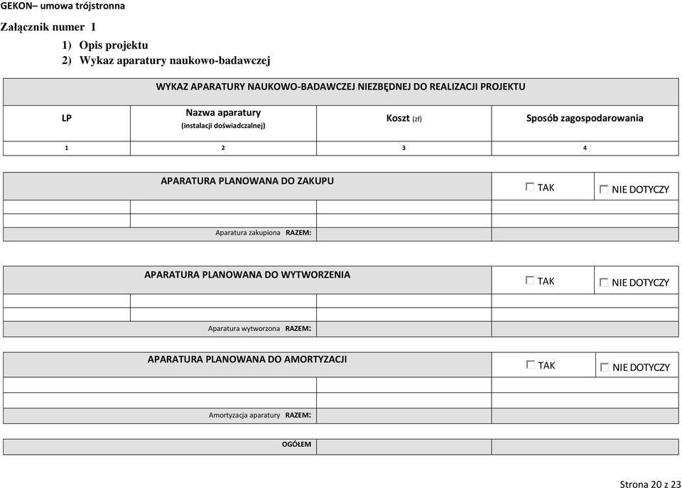 PLANOWANA DO ZAKUPU TAK NIE DOTYCZY NIE DOTYCZY Aparatura zakupiona RAZEM: APARATURA PLANOWANA DO WYTWORZENIA TAK NIE DOTYCZY