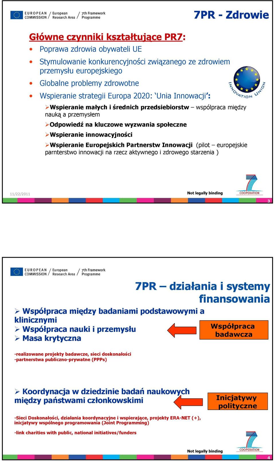 Europejskich Partnerstw Innowacji (pilot europejskie parnterstwo innowacji na rzecz aktywnego i zdrowego starzenia ) 11/22/2011 3 Współpraca między badaniami podstawowymi a klinicznymi Współpraca