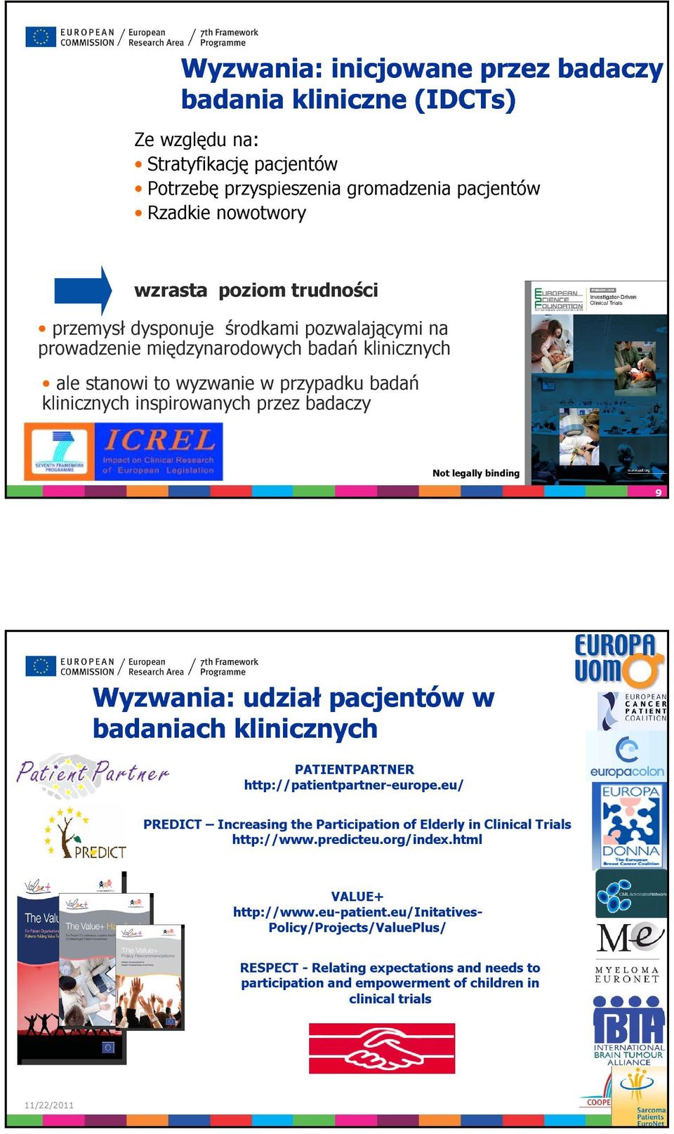 udział pacjentów w badaniach klinicznych PATIENTPARTNER http://patientpartner-europe.eu/ PREDICT Increasing the Participation of Elderly in Clinical Trials http://www.predicteu.org/index.