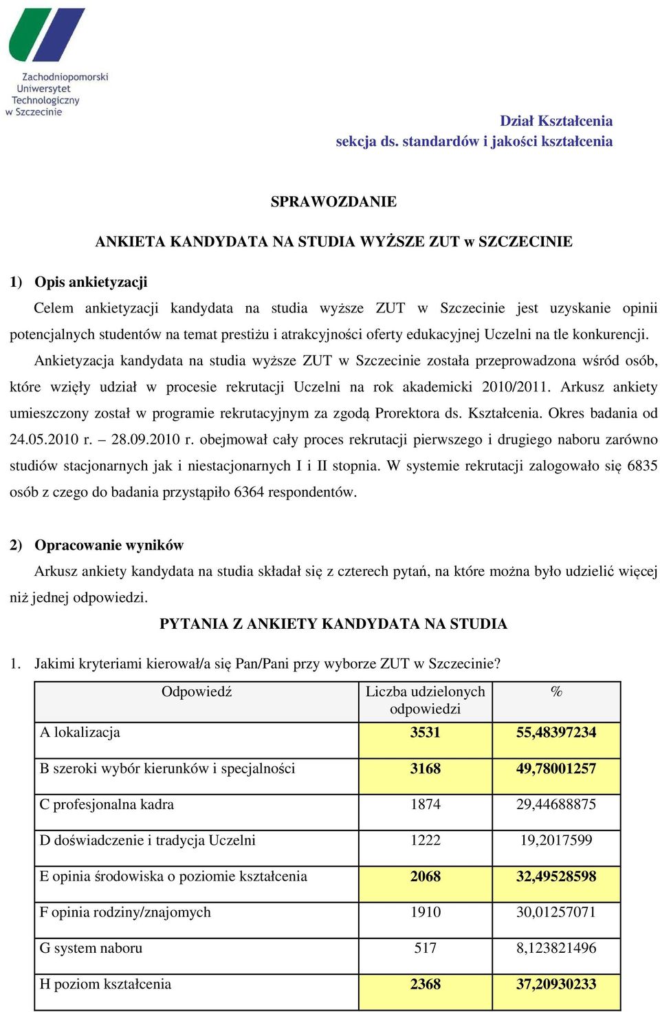 Ankietyzacja kandydata na studia wyższe ZUT w Szczecinie została przeprowadzona wśród osób, które wzięły udział w procesie rekrutacji Uczelni na rok akademicki 2010/2011.