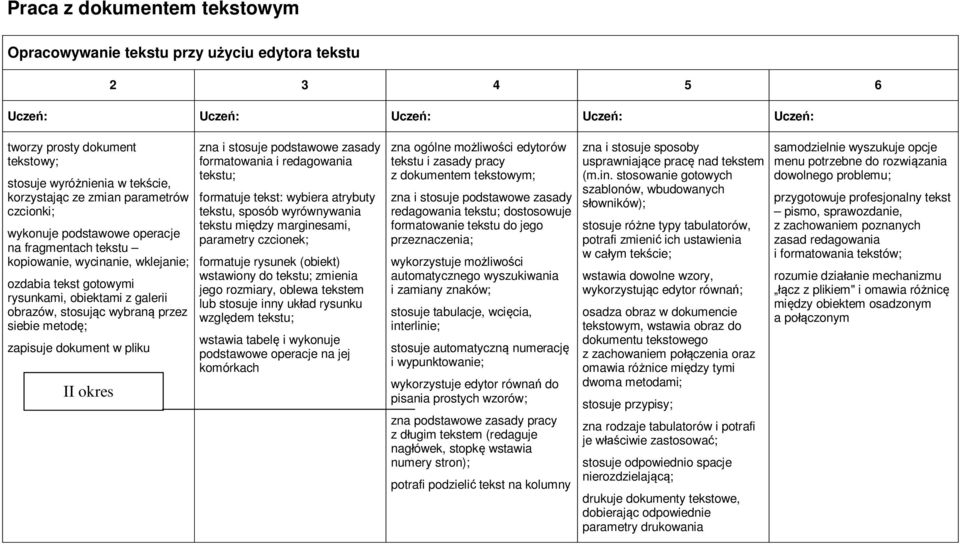 pliku II okres zna i stosuje podstawowe zasady formatowania i redagowania tekstu; formatuje tekst: wybiera atrybuty tekstu, sposób wyrównywania tekstu między marginesami, parametry czcionek;