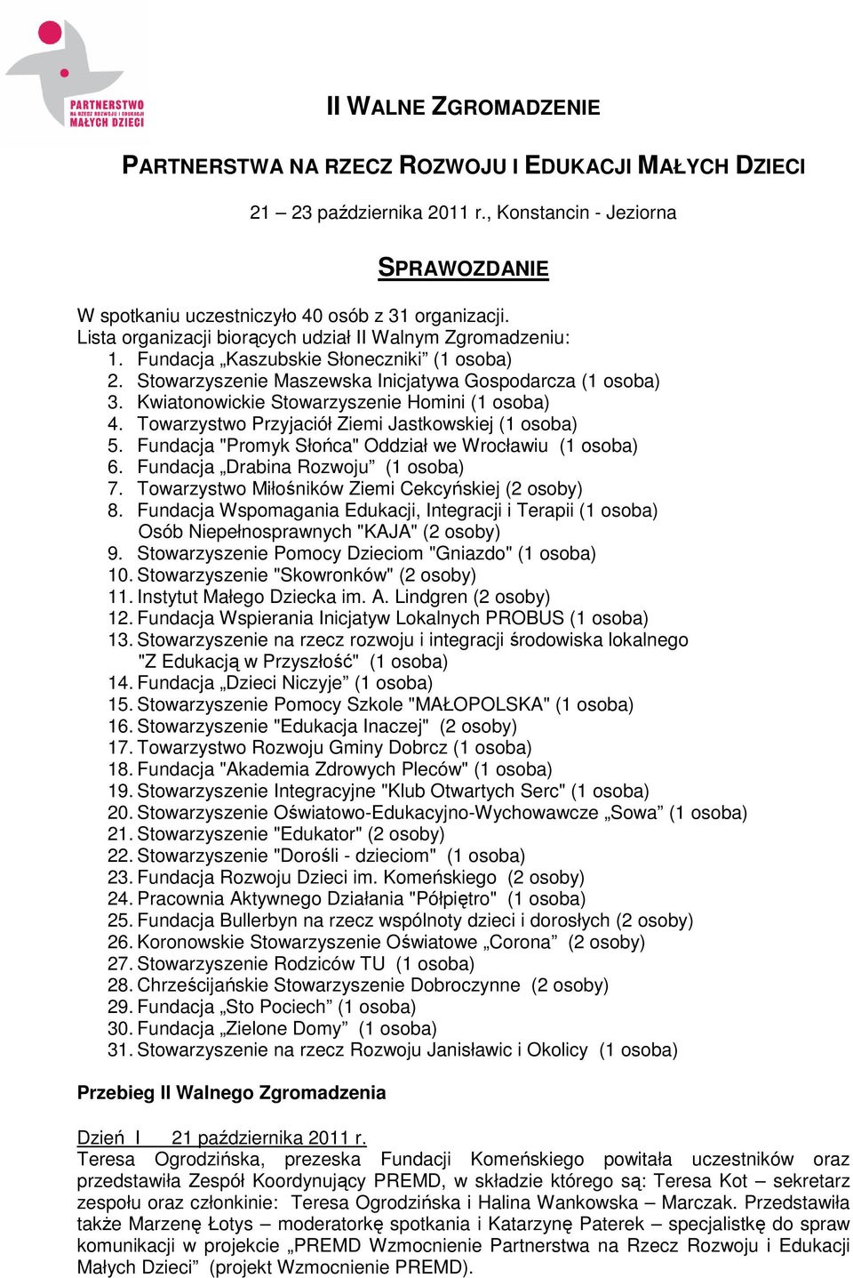 Kwiatonowickie Stowarzyszenie Homini (1 osoba) 4. Towarzystwo Przyjaciół Ziemi Jastkowskiej (1 osoba) 5. Fundacja "Promyk Słońca" Oddział we Wrocławiu (1 osoba) 6.