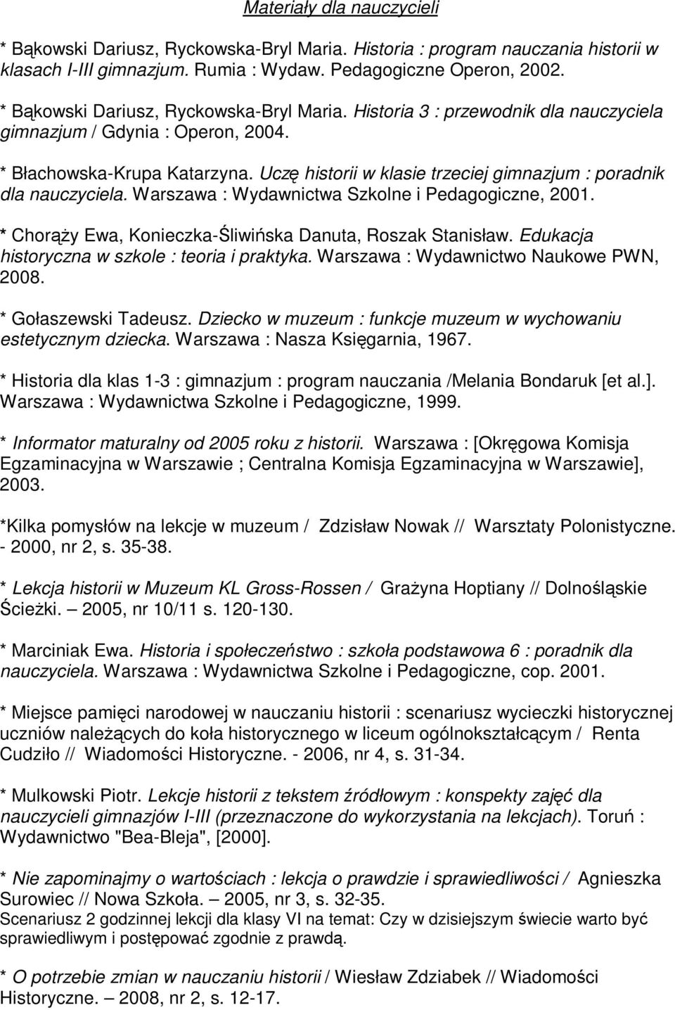 Uczę historii w klasie trzeciej gimnazjum : poradnik dla nauczyciela. Warszawa : Wydawnictwa Szkolne i Pedagogiczne, 2001. * ChorąŜy Ewa, Konieczka-Śliwińska Danuta, Roszak Stanisław.