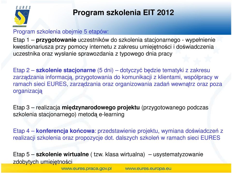 z klientami, współpracy w ramach sieci EURES, zarządzania oraz organizowania zadań wewnątrz oraz poza organizacją Etap 3 realizacja międzynarodowego projektu (przygotowanego podczas szkolenia