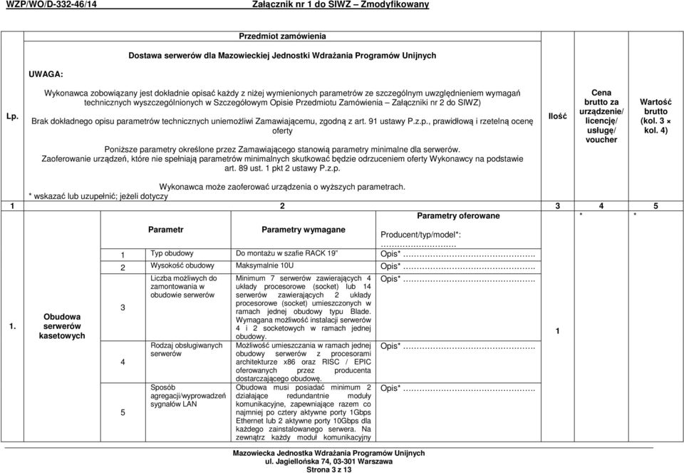 Załączniki nr do SIWZ) Brak dokładnego opisu parametrów technicznych uniemożliwi Zamawiającemu, zgodną z art. 9 ustawy P.z.p., prawidłową i rzetelną ocenę oferty Poniższe parametry określone przez Zamawiającego stanowią parametry minimalne dla serwerów.