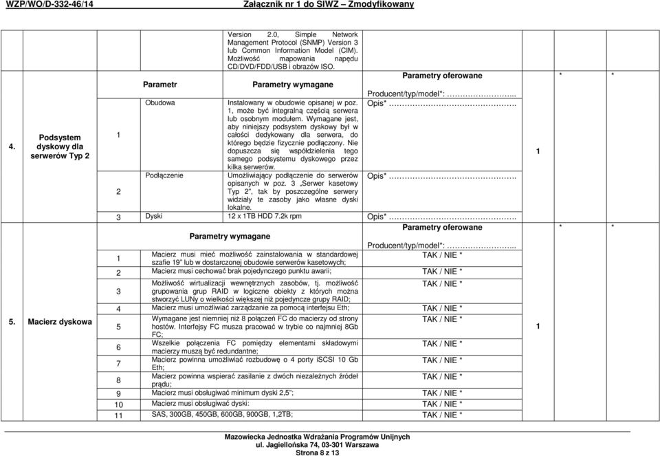 Parametry wymagane Instalowany w obudowie opisanej w poz., może być integralną częścią serwera lub osobnym modułem.