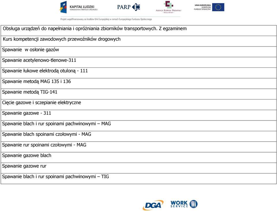 elektrodą otuloną - 111 Spawanie metodą MAG 135 i 136 Spawanie metodą TIG-141 Cięcie gazowe i sczepianie elektryczne Spawanie gazowe - 311