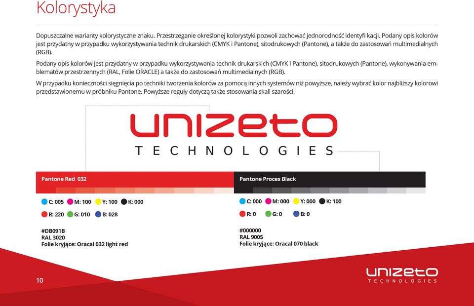 Podany opis kolorów jest przydatny w przypadku wykorzystywania technik drukarskich (CMYK i Pantone), sitodrukowych (Pantone), wykonywania emblematów przestrzennych (RAL, Folie ORACLE) a także do