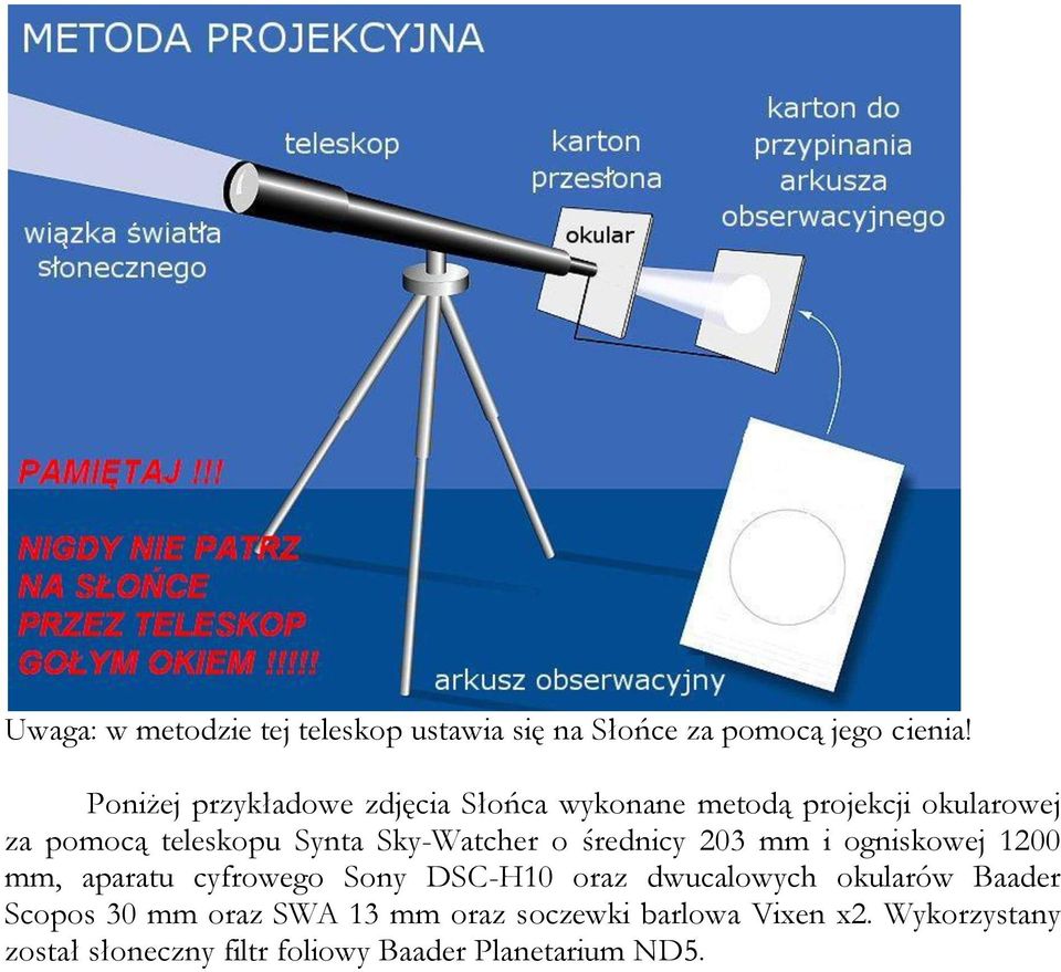 Sky-Watcher o średnicy 203 mm i ogniskowej 1200 mm, aparatu cyfrowego Sony DSC-H10 oraz dwucalowych