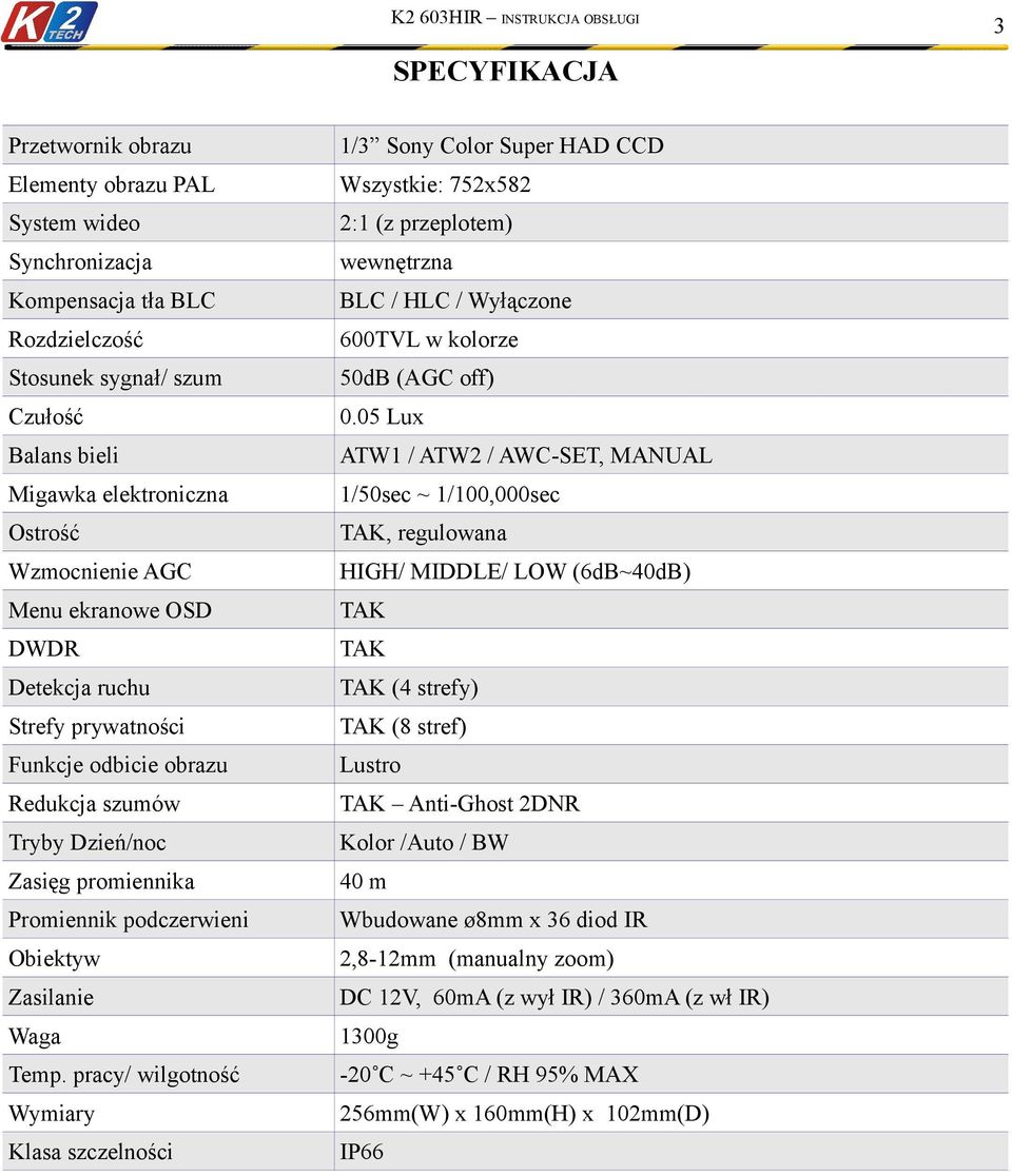 pracy/ wilgotność Wymiary Klasa szczelności 1/3 Sony Color Super HAD CCD Wszystkie: 752x582 2:1 (z przeplotem) wewnętrzna BLC / HLC / Wyłączone 600TVL w kolorze 50dB (AGC off) 0.