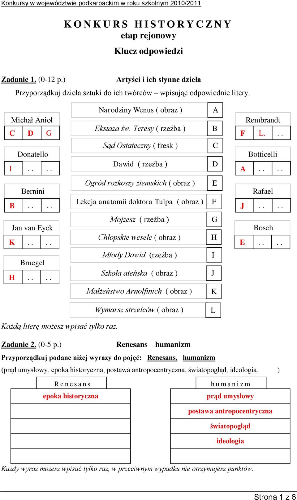 Tulpa ( obraz ) Mojżesz ( rzeźba ) hłopskie wesele ( obraz ) Młody awid (rzeźba ) Szkoła ateńska ( obraz ) Małżeństwo rnolfinich ( obraz ) E F G H I J K Rembrandt F L otticelli Rafael J E osch