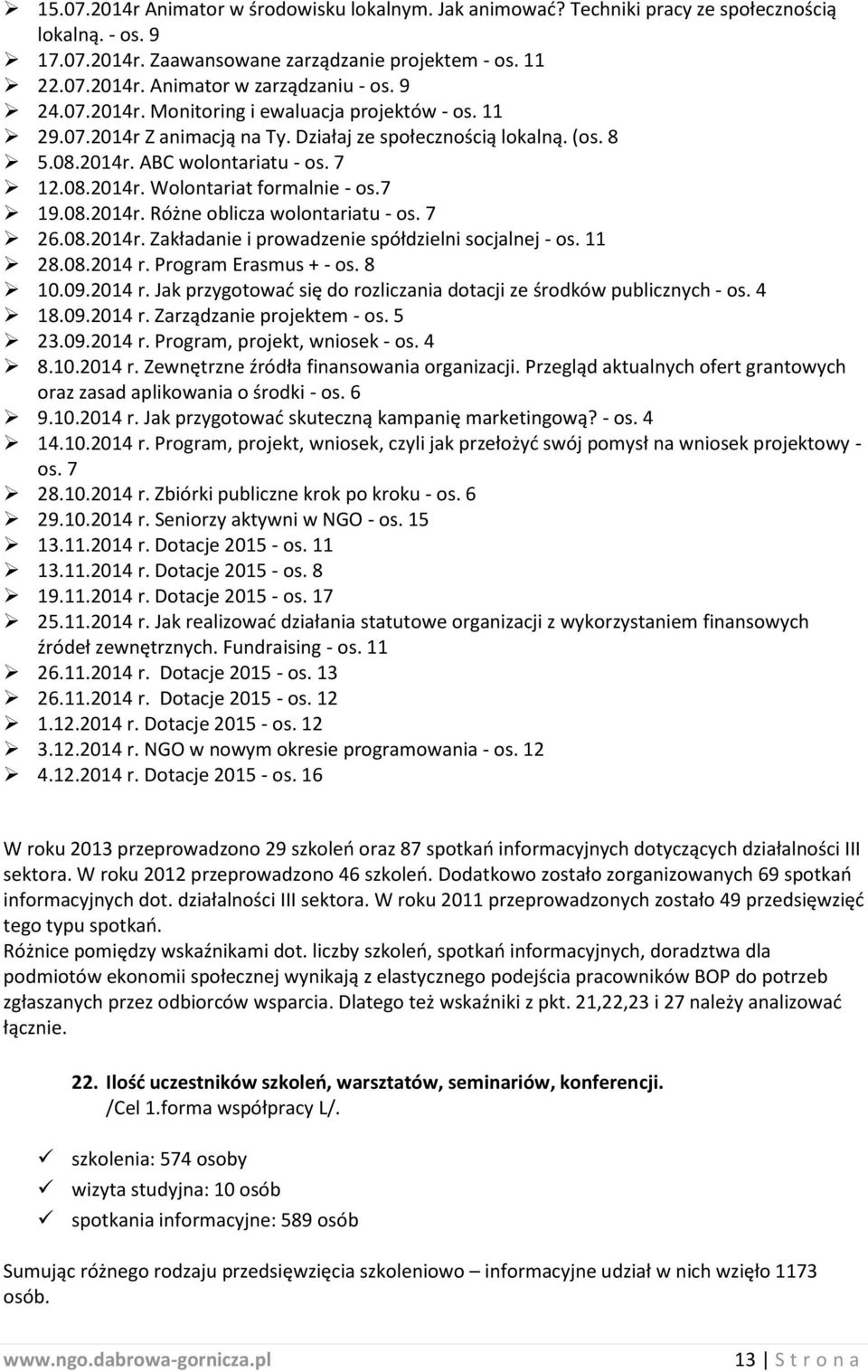 7 19.08.2014r. Różne oblicza wolontariatu - os. 7 26.08.2014r. Zakładanie i prowadzenie spółdzielni socjalnej - os. 11 28.08.2014 r.