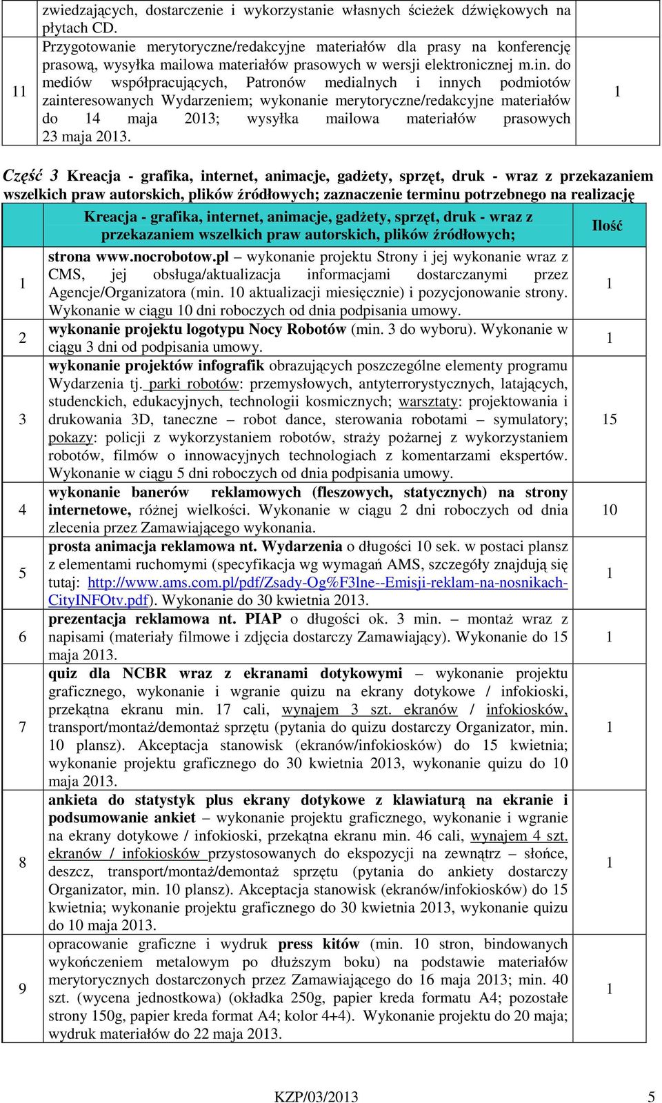 do mediów współpracujących, Patronów medialnych i innych podmiotów zainteresowanych Wydarzeniem; wykonanie merytoryczne/redakcyjne materiałów do 4 maja 203; wysyłka mailowa materiałów prasowych 23