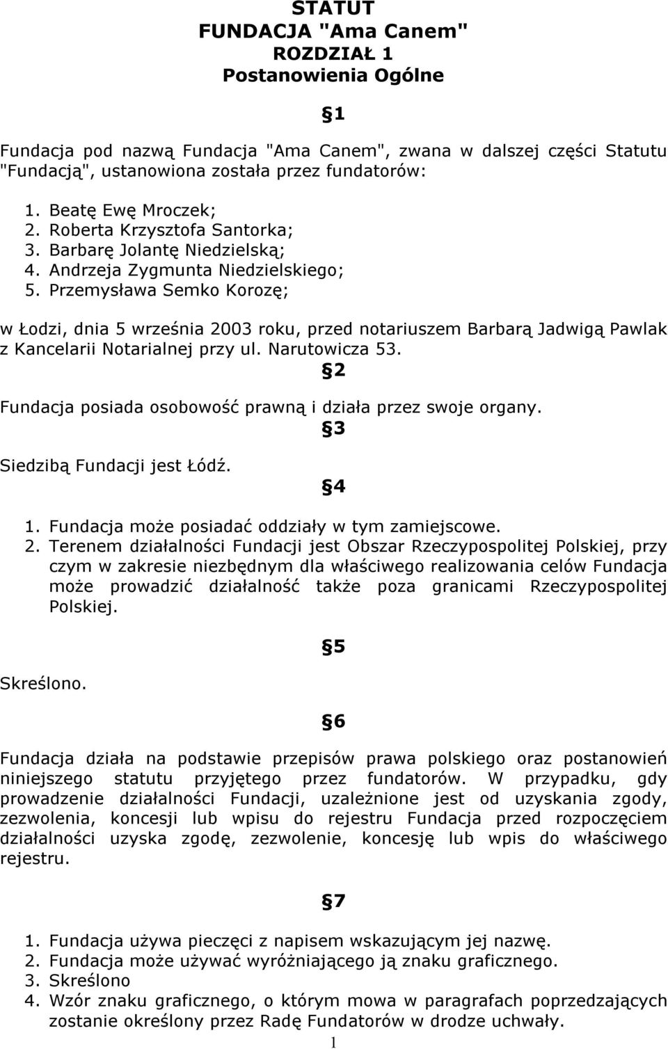 Przemysława Semko Korozę; w Łodzi, dnia 5 września 2003 roku, przed notariuszem Barbarą Jadwigą Pawlak z Kancelarii Notarialnej przy ul. Narutowicza 53.