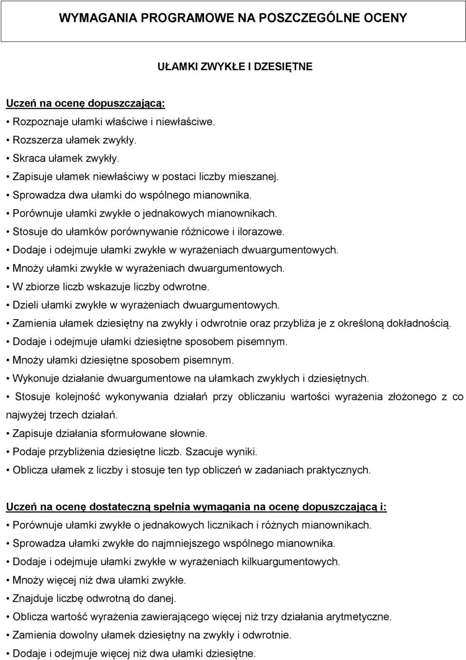 Stosuje do ułamków porównywanie różnicowe i ilorazowe. Dodaje i odejmuje ułamki zwykłe w wyrażeniach dwuargumentowych. Mnoży ułamki zwykłe w wyrażeniach dwuargumentowych.