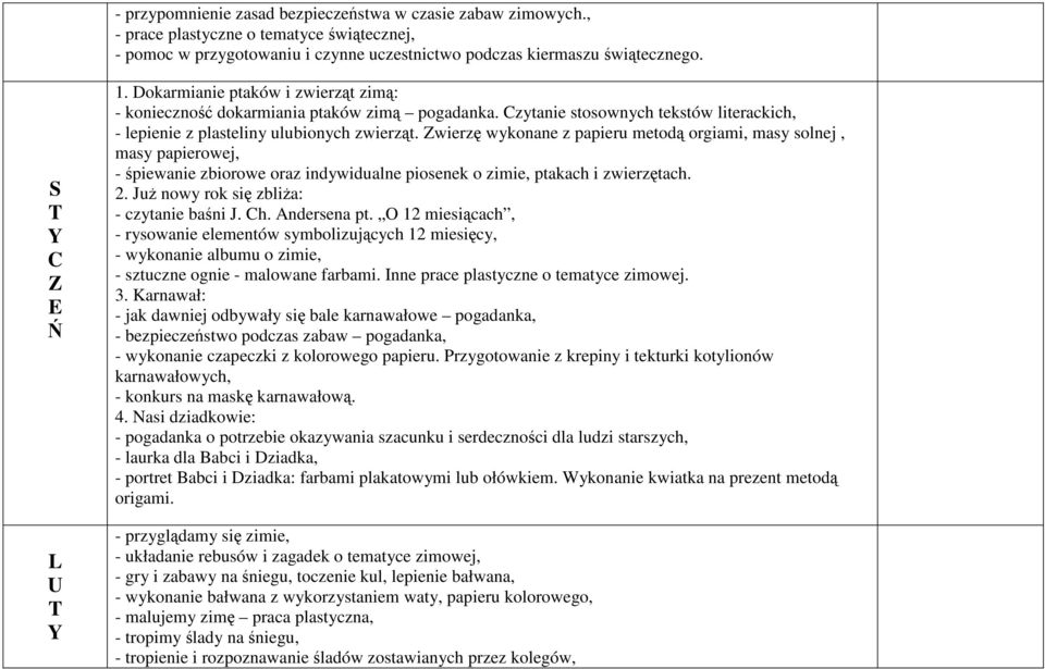 wierzę wykonane z papieru metodą orgiami, masy solnej, masy papierowej, - śpiewanie zbiorowe oraz indywidualne piosenek o zimie, ptakach i zwierzętach. 2. JuŜ nowy rok się zbliŝa: - czytanie baśni J.