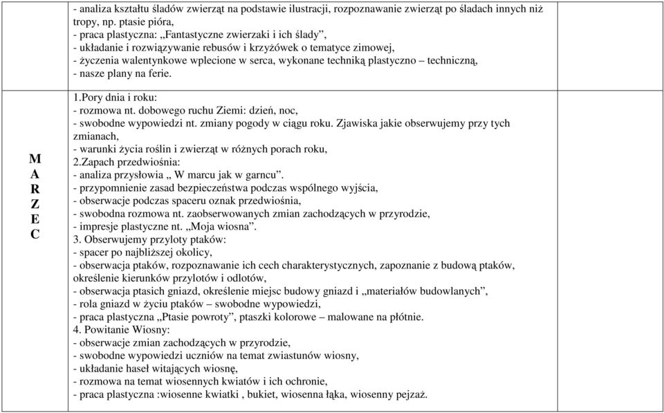 plastyczno techniczną, - nasze plany na ferie. M 1.Pory dnia i roku: - rozmowa nt. dobowego ruchu iemi: dzień, noc, - swobodne wypowiedzi nt. zmiany pogody w ciągu roku.