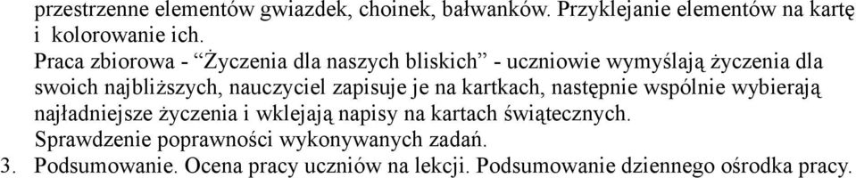 zapisuje je na kartkach, następnie wspólnie wybierają najładniejsze życzenia i wklejają napisy na kartach