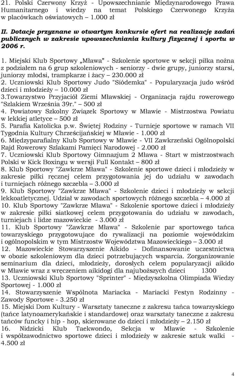 Miejski Klub Sportowy Mława - Szkolenie sportowe w sekcji piłka nożna z podziałem na 6 grup szkoleniowych - seniorzy - dwie grupy, juniorzy starsi, juniorzy młodsi, trampkarze i żacy 230.000 zł 2.