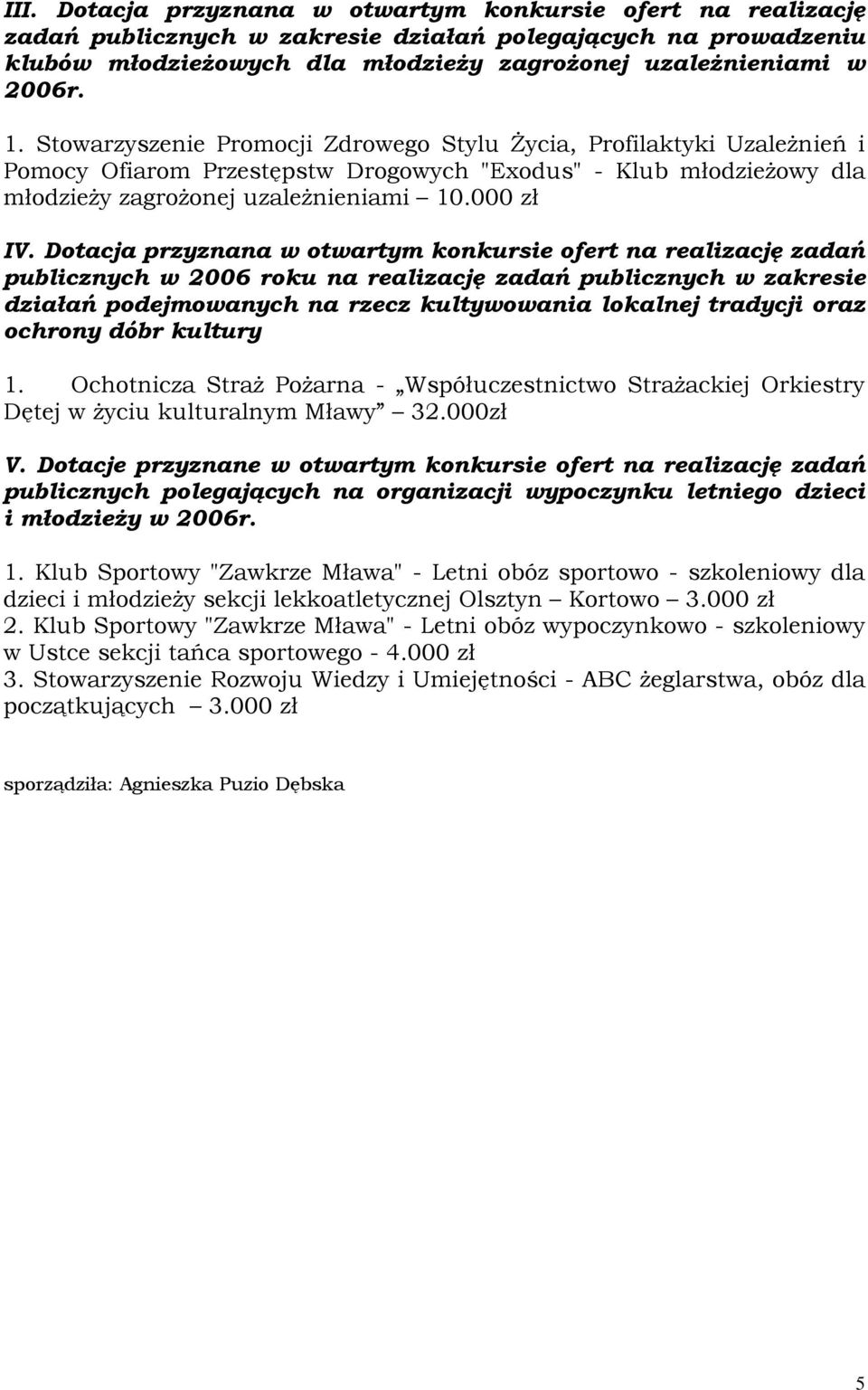 Dotacja przyznana w otwartym konkursie ofert na realizację zadań publicznych w 2006 roku na realizację zadań publicznych w zakresie działań podejmowanych na rzecz kultywowania lokalnej tradycji oraz