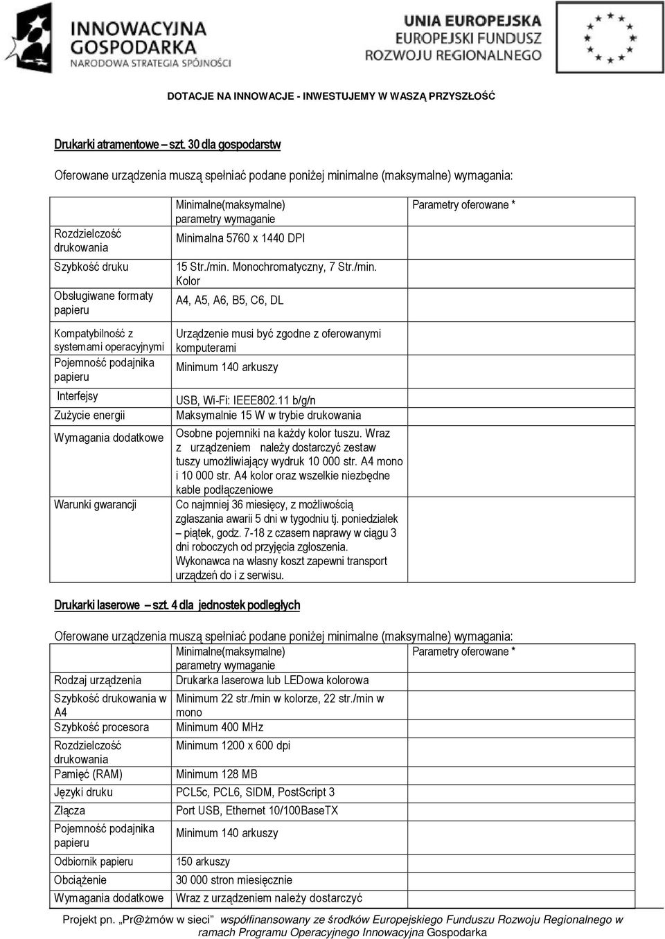 operacyjnymi Pojemność podajnika papieru Interfejsy Zużycie energii Wymagania dodatkowe Warunki gwarancji Minimalne(maksymalne) parametry wymaganie Minimalna 5760 x 1440 DPI 15 Str./min.