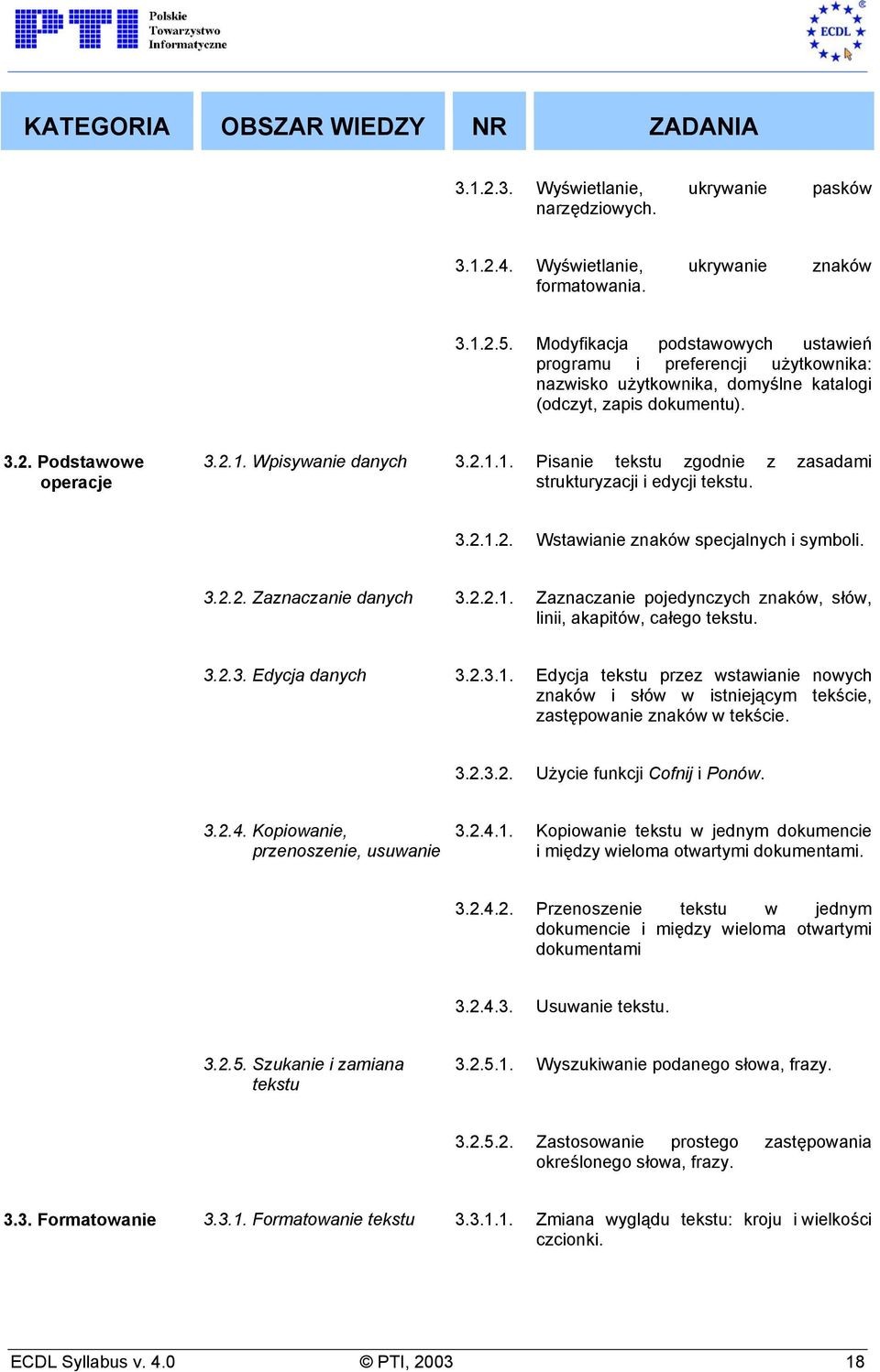 Wpisywanie danych 3.2.1.1. Pisanie tekstu zgodnie z zasadami strukturyzacji i edycji tekstu. 3.2.1.2. Wstawianie znaków specjalnych i symboli. 3.2.2. Zaznaczanie danych 3.2.2.1. Zaznaczanie pojedynczych znaków, słów, linii, akapitów, całego tekstu.