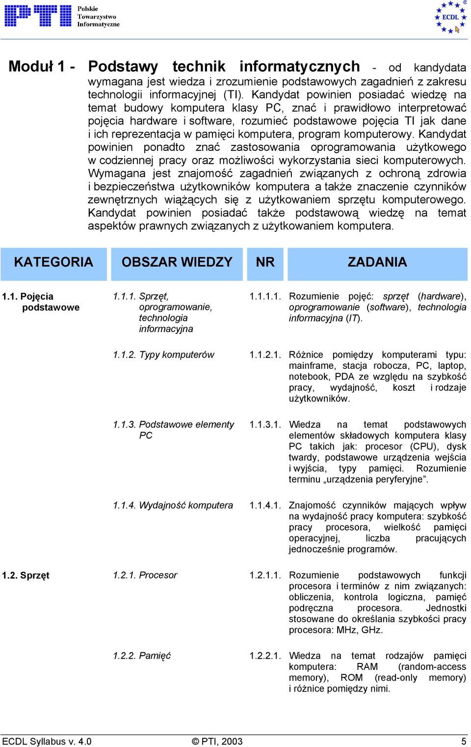 pamięci komputera, program komputerowy. Kandydat powinien ponadto znać zastosowania oprogramowania użytkowego w codziennej pracy oraz możliwości wykorzystania sieci komputerowych.