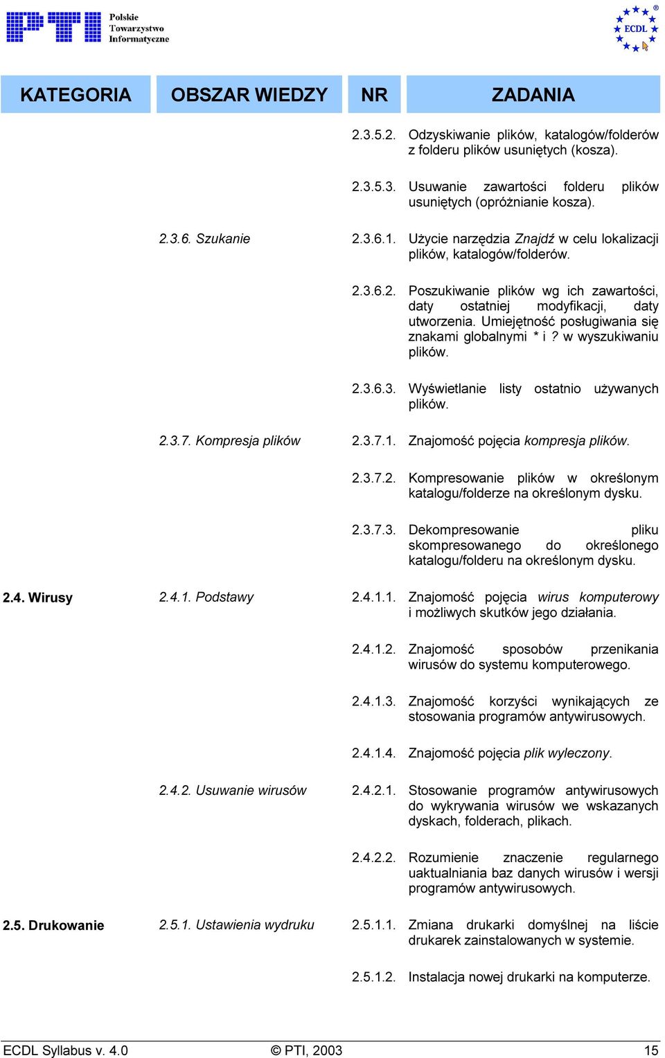 Umiejętność posługiwania się znakami globalnymi * i? w wyszukiwaniu plików. 2.3.6.3. Wyświetlanie listy ostatnio używanych plików. 2.3.7. Kompresja plików 2.3.7.1. Znajomość pojęcia kompresja plików.