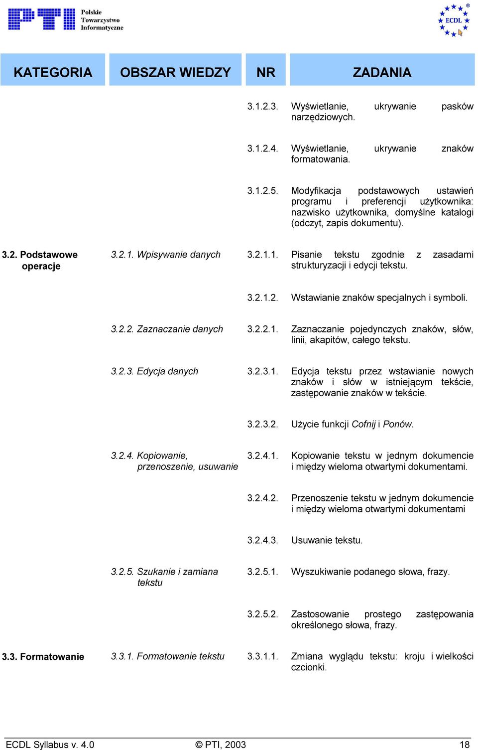 Wpisywanie danych 3.2.1.1. Pisanie tekstu zgodnie z zasadami strukturyzacji i edycji tekstu. 3.2.1.2. Wstawianie znaków specjalnych i symboli. 3.2.2. Zaznaczanie danych 3.2.2.1. Zaznaczanie pojedynczych znaków, słów, linii, akapitów, całego tekstu.